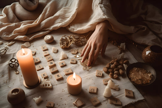 Woman's hand touching a runestone that are spread out in front of her on a mat with candles