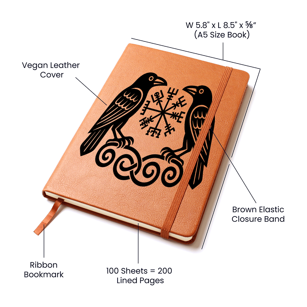Tan vegan leather A5 journal featuring two Norse ravens and a Vegvisir rune compass; annotated features show 5.8×8.5×0.6 in size, brown elastic closure, ribbon bookmark, and 100 sheets/200 lined pages.