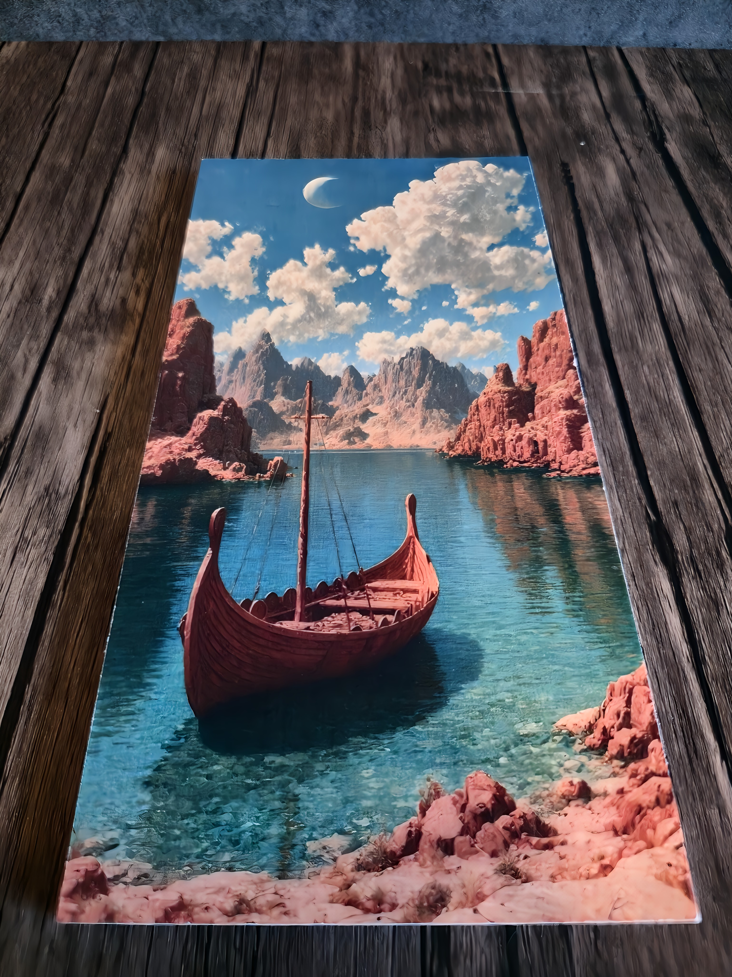 Viking ship in a fantasy landscape with mountains and blue sky on a wooden surface