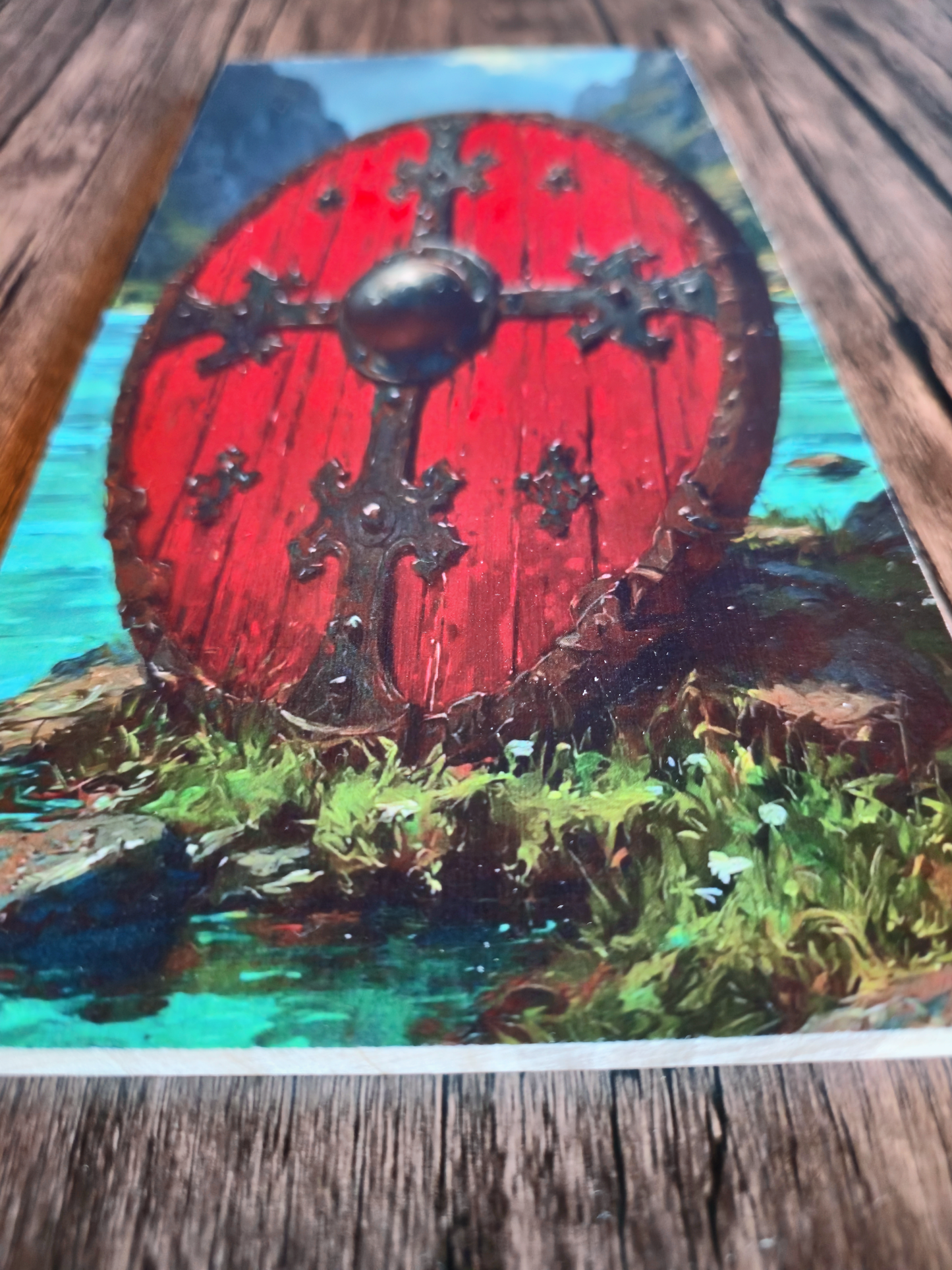 Red shield with black cross patterns on a scenic background, placed on a wooden surface.