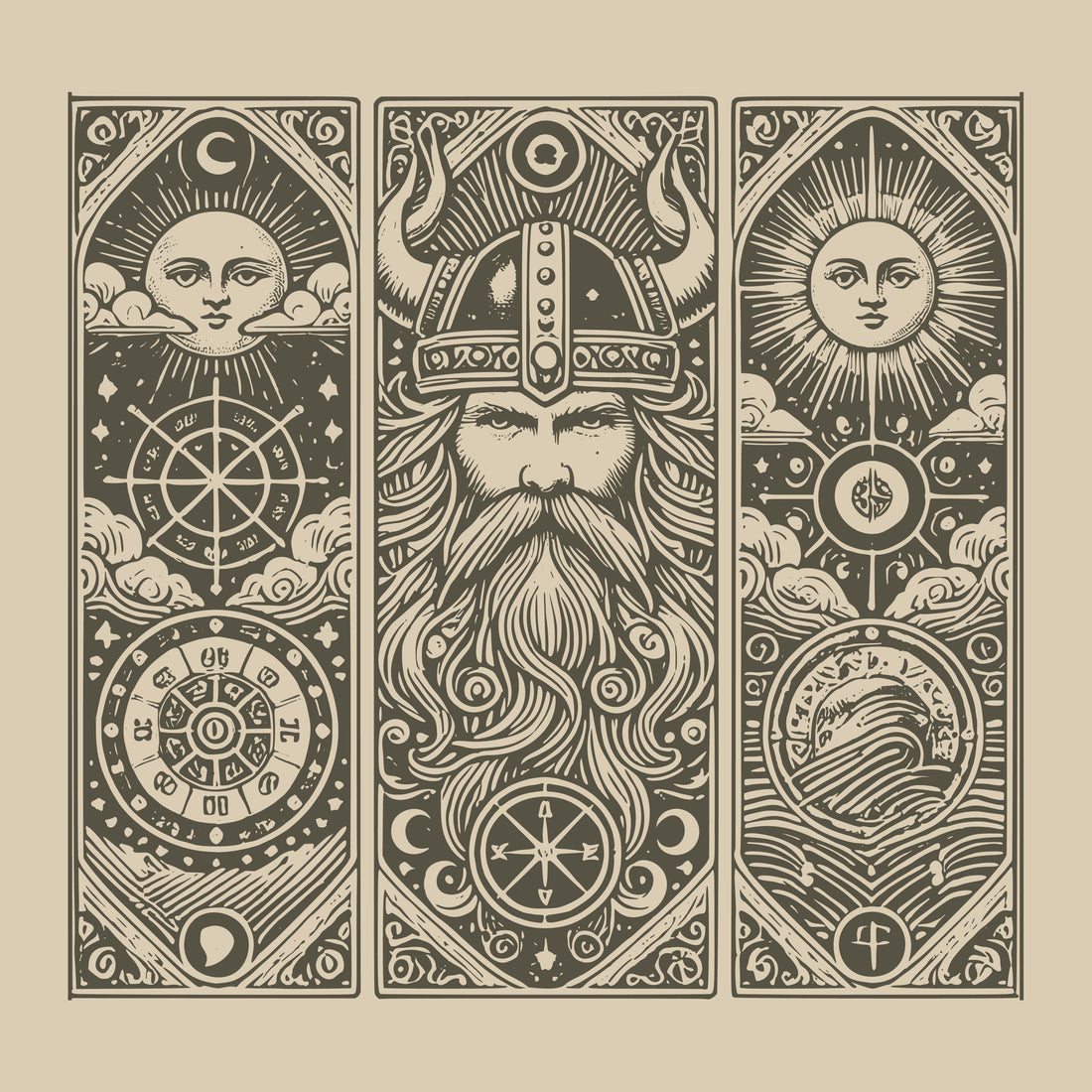 Vintage Norse triptych artwork showing Odin in a horned helmet between celestial panels of sun and moon, runic compass and cosmic wheels, waves and clouds in sepia ink style.