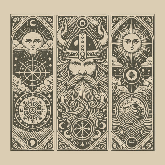 Vintage Norse triptych artwork showing Odin in a horned helmet between celestial panels of sun and moon, runic compass and cosmic wheels, waves and clouds in sepia ink style.