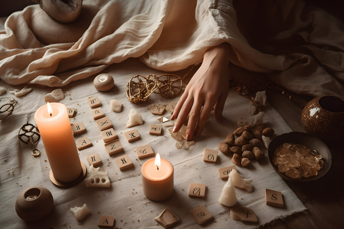 Woman's hand touching a runestone that are spread out in front of her on a mat with candles