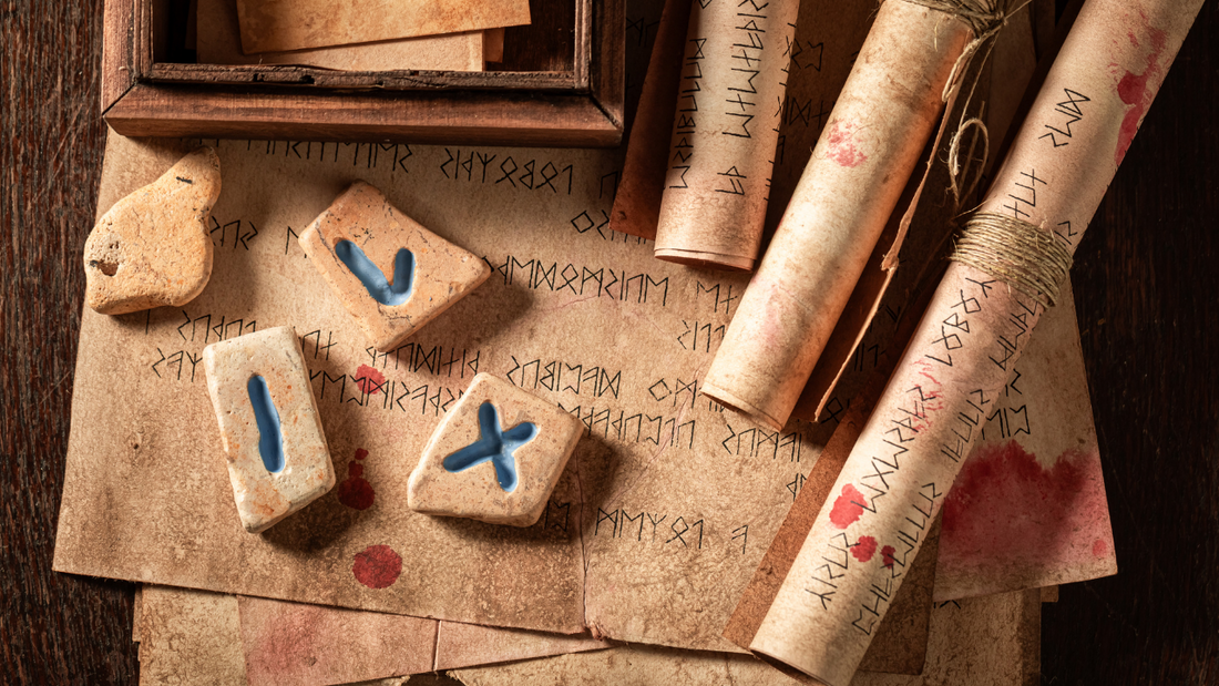 stone viking runestones on parchment paper with a box and rolled up documents next to them