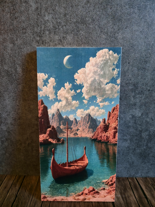 Painting of a red boat on a lake with mountains and clouds in the background