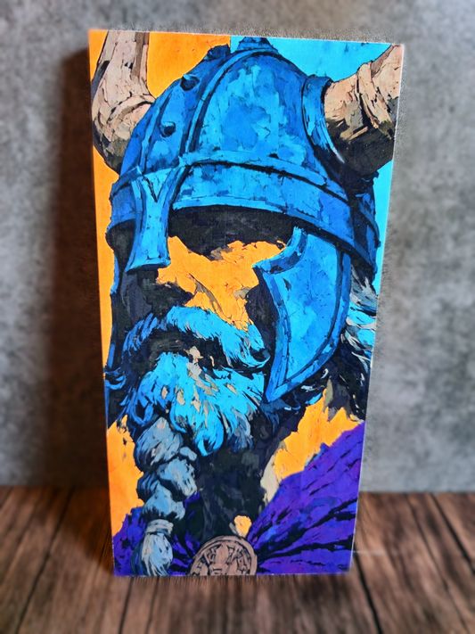 Decorative artwork with a blue helmet design on an orange background
