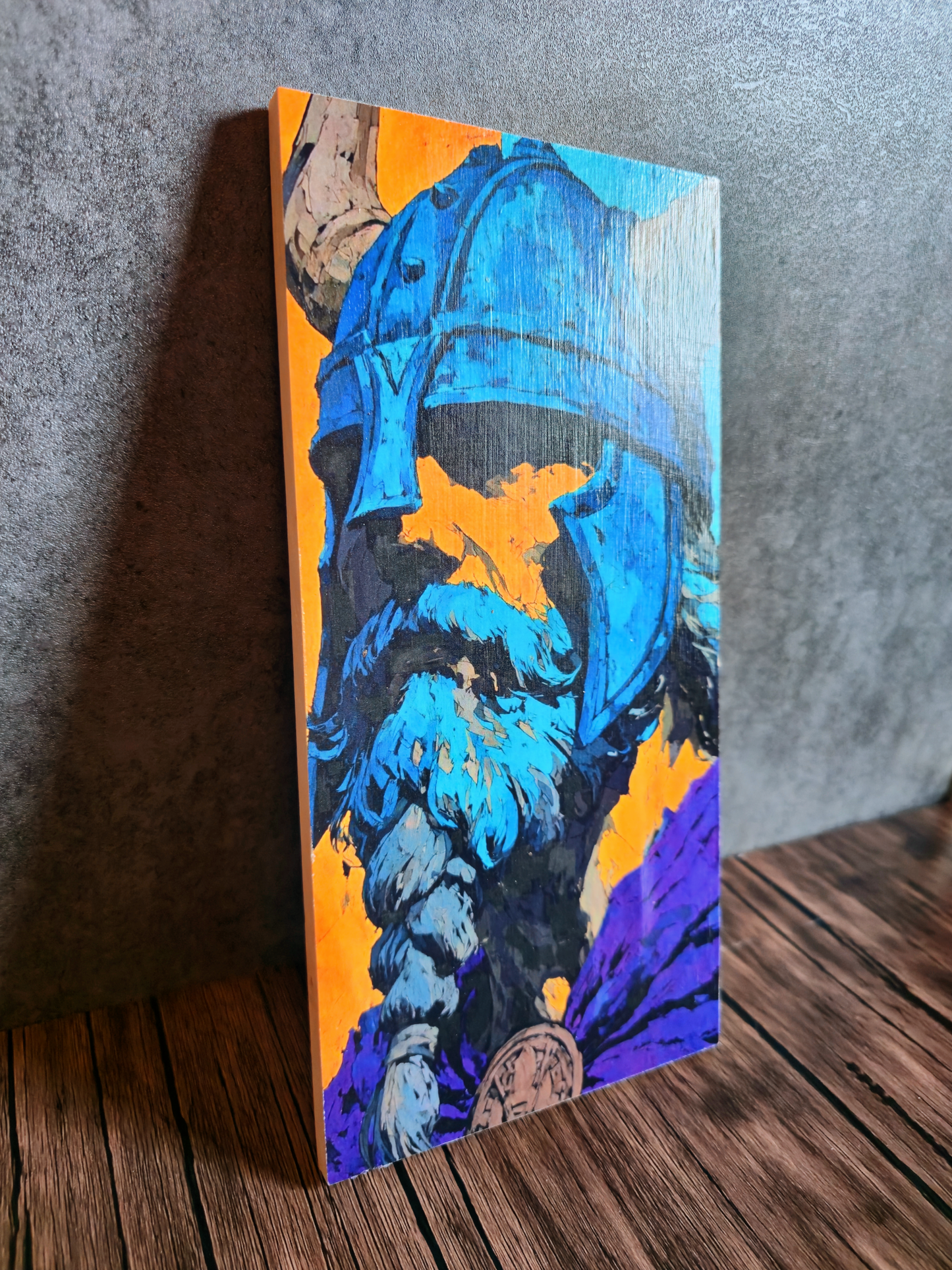 Abstract painting of a figure in blue and purple on an orange background