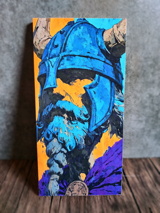 Painting of a warrior with a blue helmet and beard on an orange and purple background